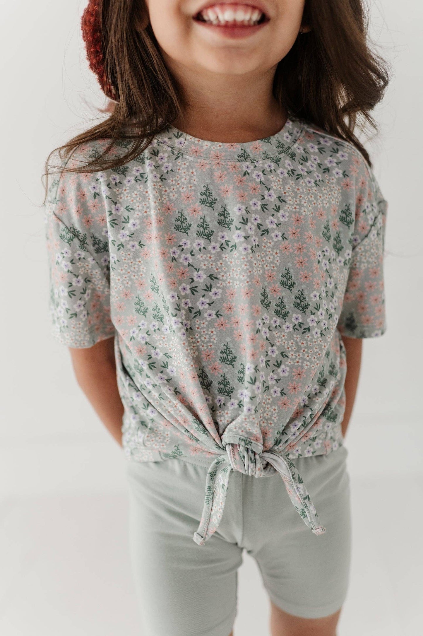 Aqua Grey Floral Tie Front Shirt