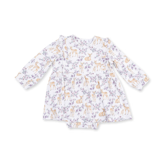 Floral Deer - Long Sleeve Ruffle Bodysuit Dress