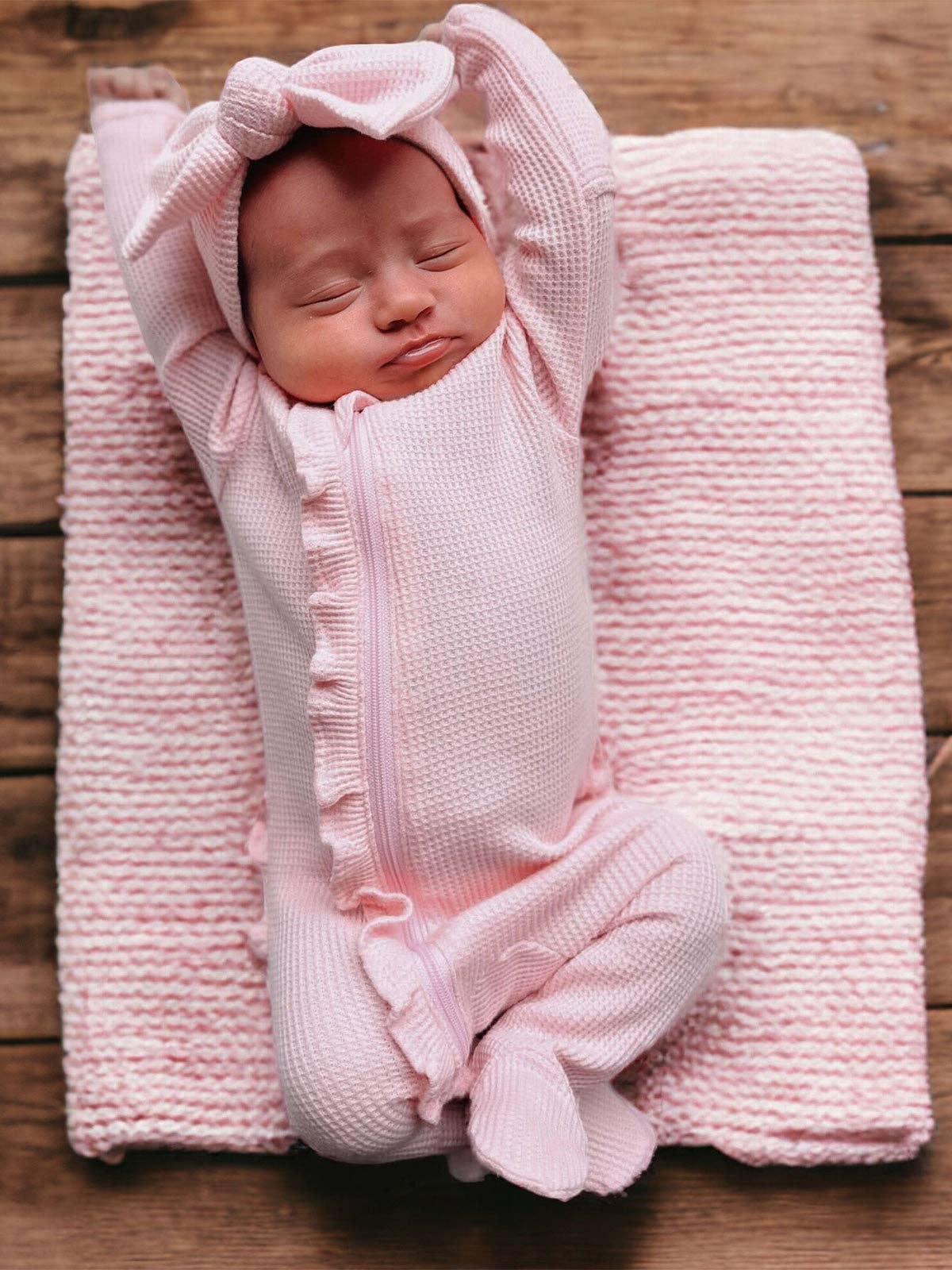 Organic Waffle 2-Way Zip Ruffle Footie - Blush