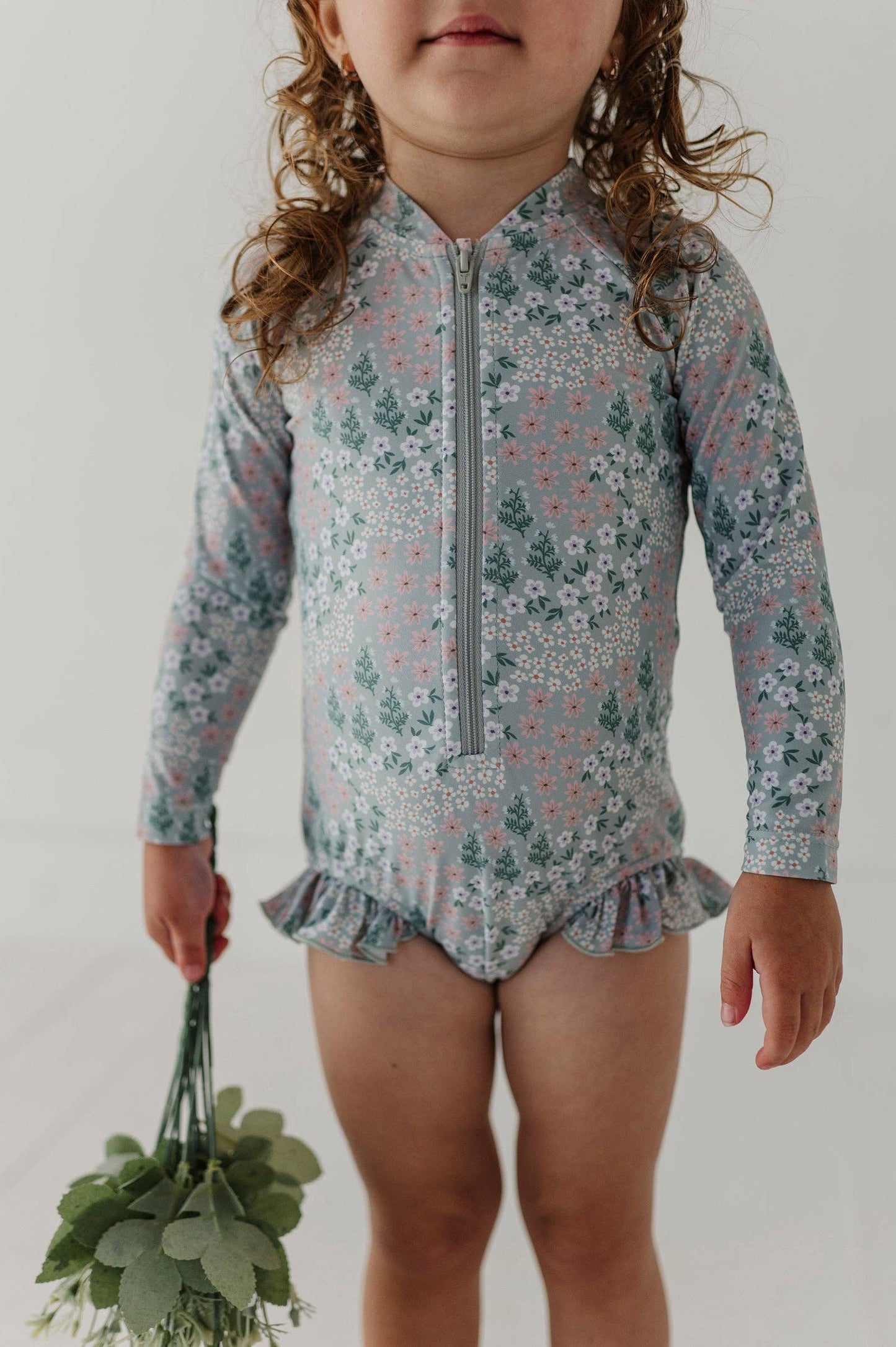 Aqua Grey Floral One-Piece Ruffle Rash Guard Swimsuit