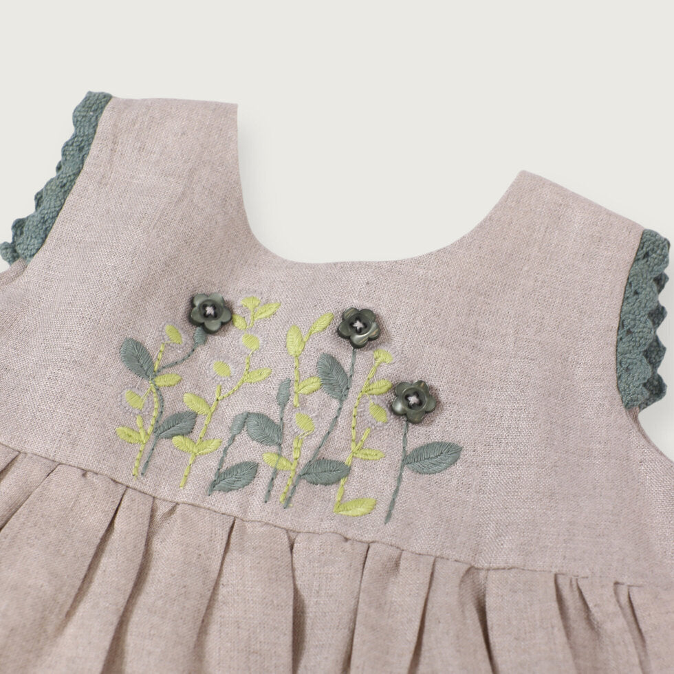 Sylvie Embroidered Linen Baby Dress+Bloomer Color: Natural Linen