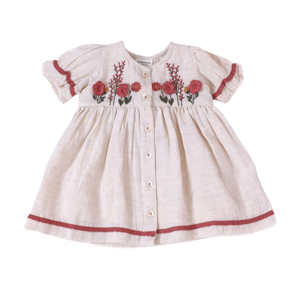 Victoria Embroidered Floral Baby Dress + Bloomer: Natural,