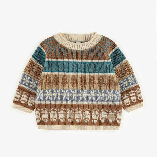Blue and Brown Knitted Sweater with Cashmere Imitation