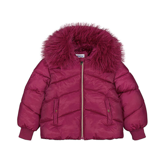 Faux Fur Collar Puffer Jacket- Raspberry