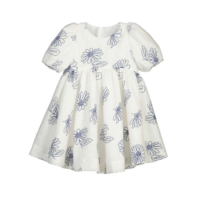 Natural Blue Flower Puff Sleeve Dress