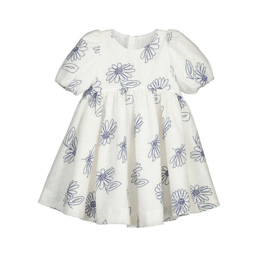 Natural Blue Flower Puff Sleeve Dress