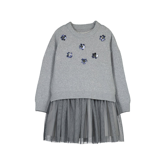 Silver Combined Tulle Knit dress