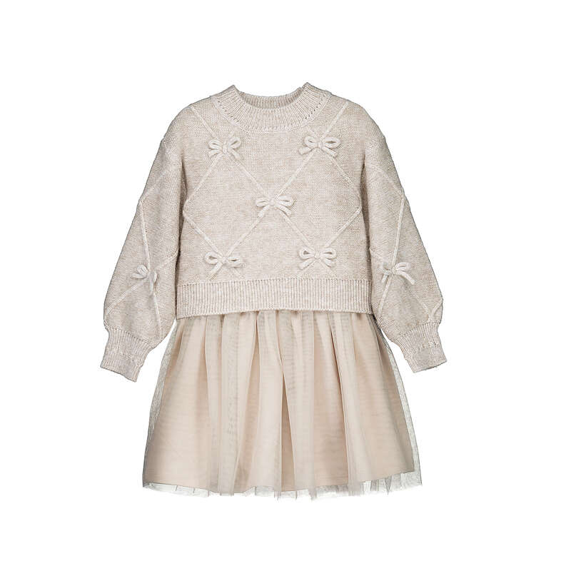 Beige Mixed Knit Dress With Bows