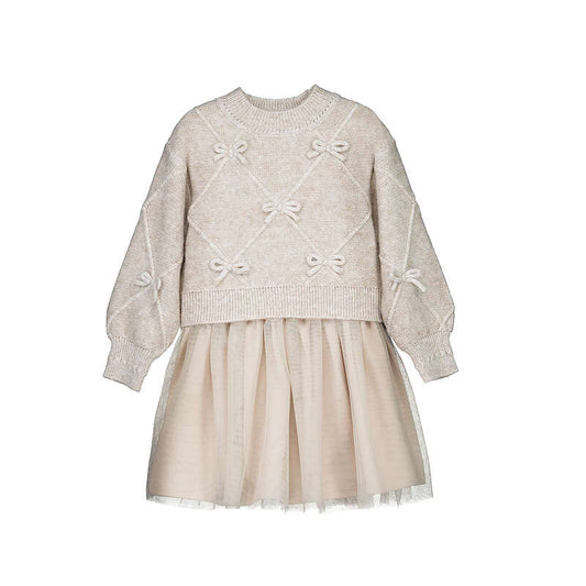 Beige Mixed Knit Dress With Bows