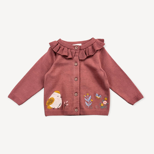 Floral Bird Embroidered Baby Knit Cardigan: Apple Spice