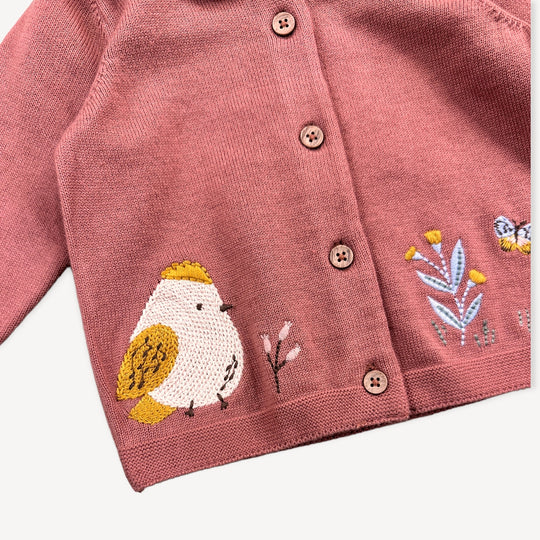 Floral Bird Embroidered Baby Knit Cardigan: Apple Spice