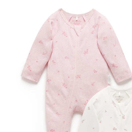 Organic Zip Growsuit- Pale Pink Blossom