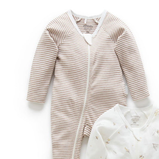 Organic Zip Growsuit- Brown Stripe