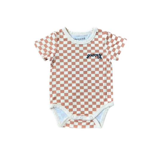 Baby Short Sleeve Bodysuit: Butterscotch Checkered Groovy