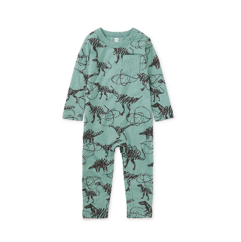 Long Sleeve Pocket Baby Romper: Scribbled Dinosaurs