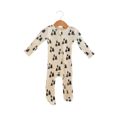 Organic Waffle 2-Way Zip Footie - Forest Green Trees