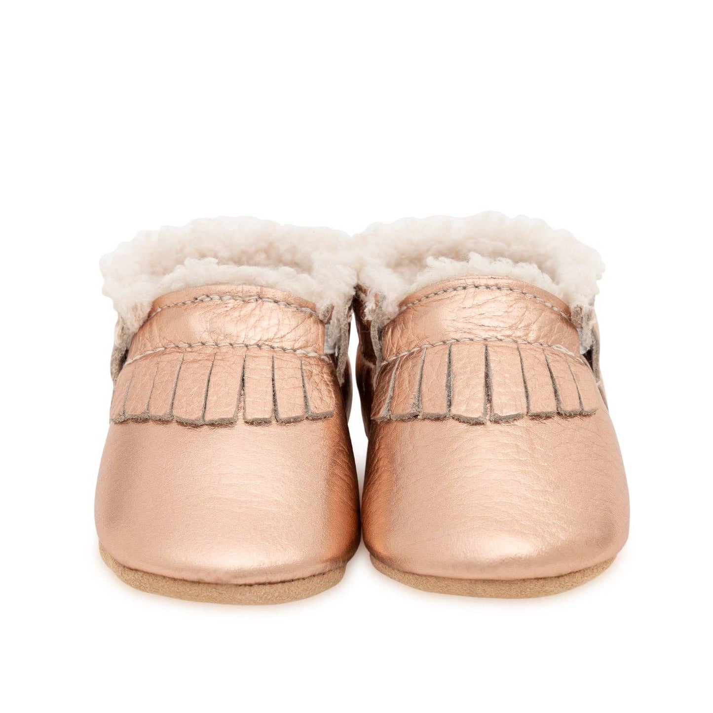 Rose Gold Leather Sherpa Baby Moccasins