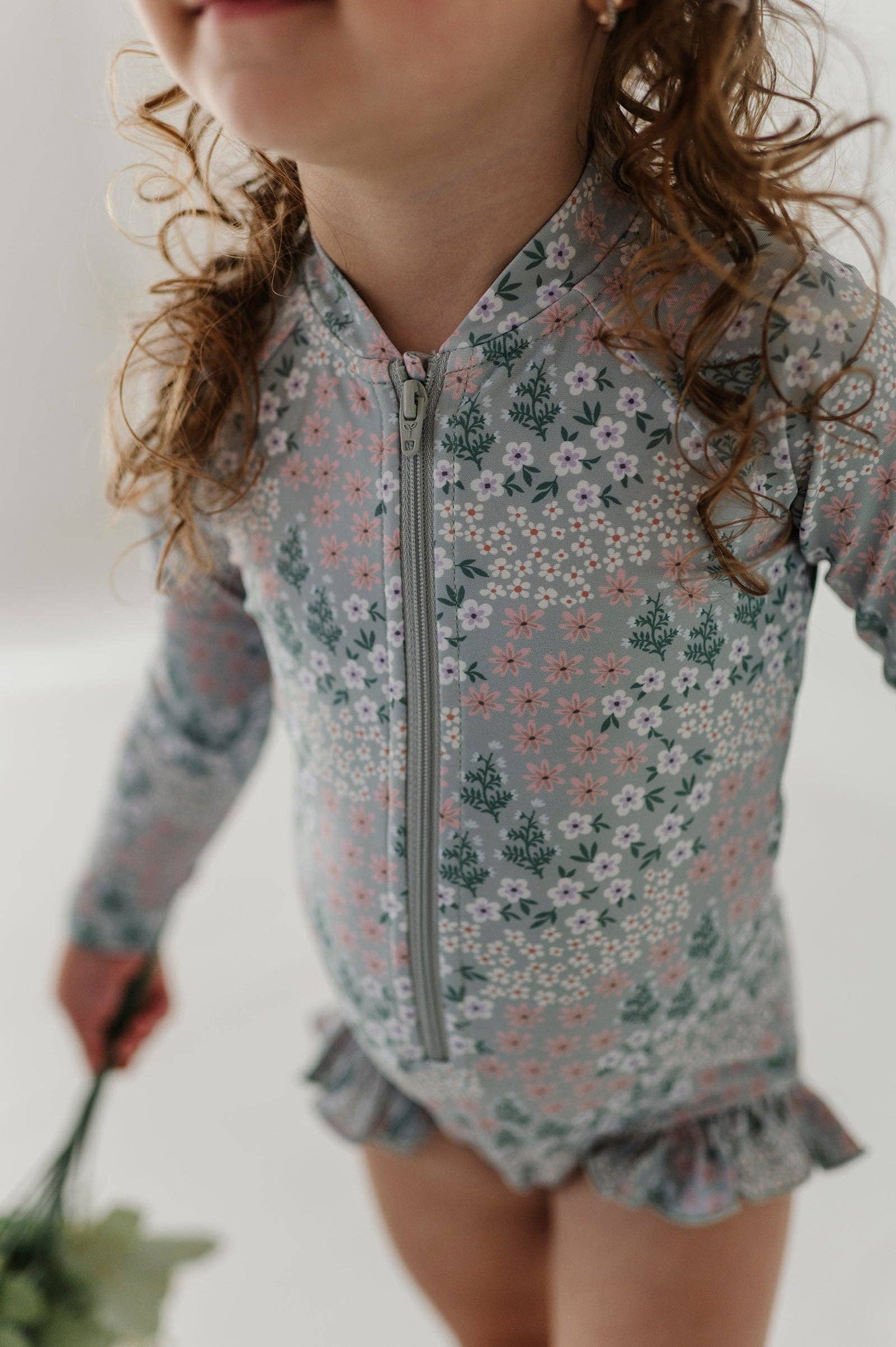 Aqua Grey Floral One-Piece Ruffle Rash Guard Swimsuit