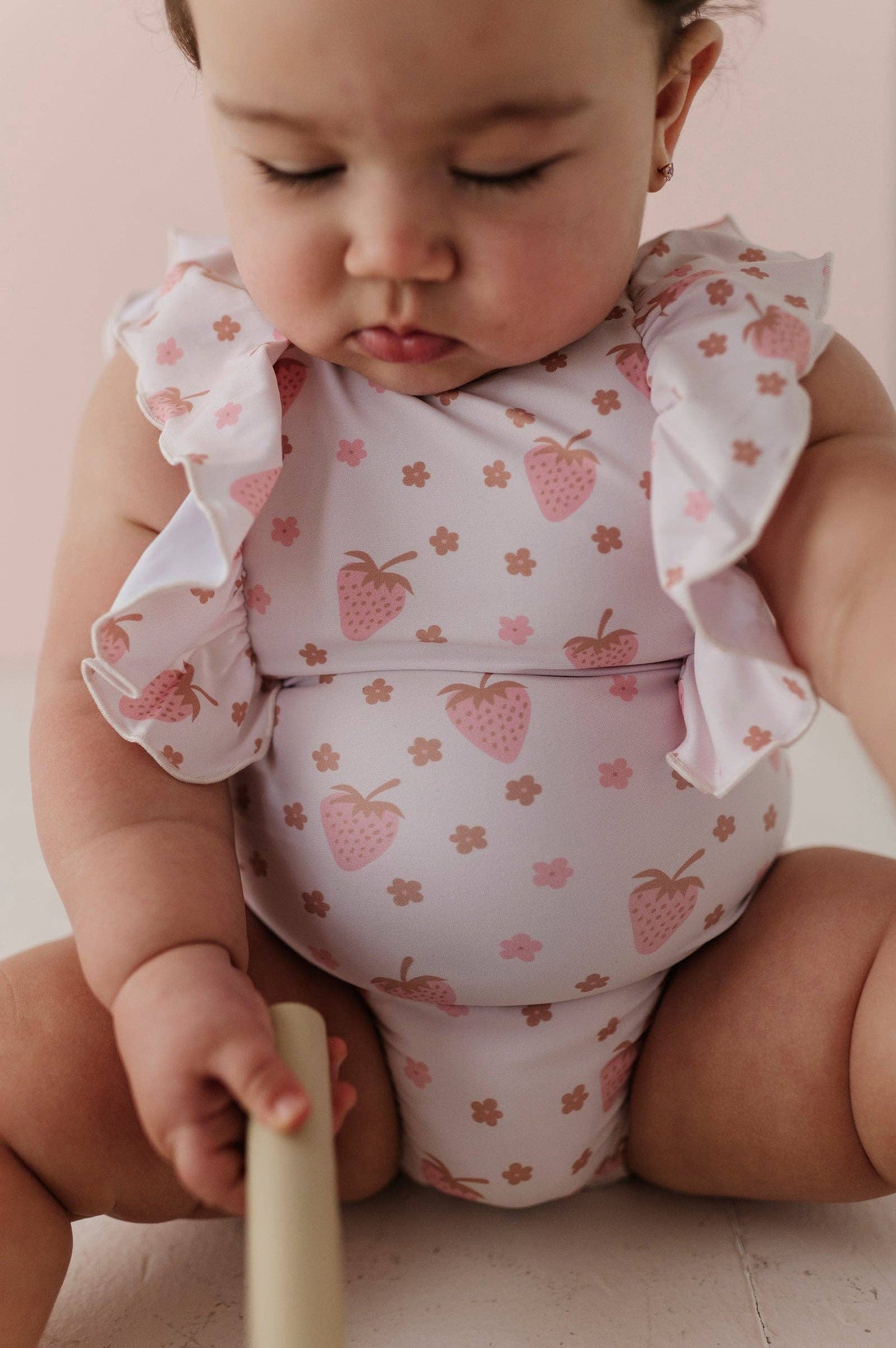 Strawberries Ruffle Sleeve Cross Back Swimsuit