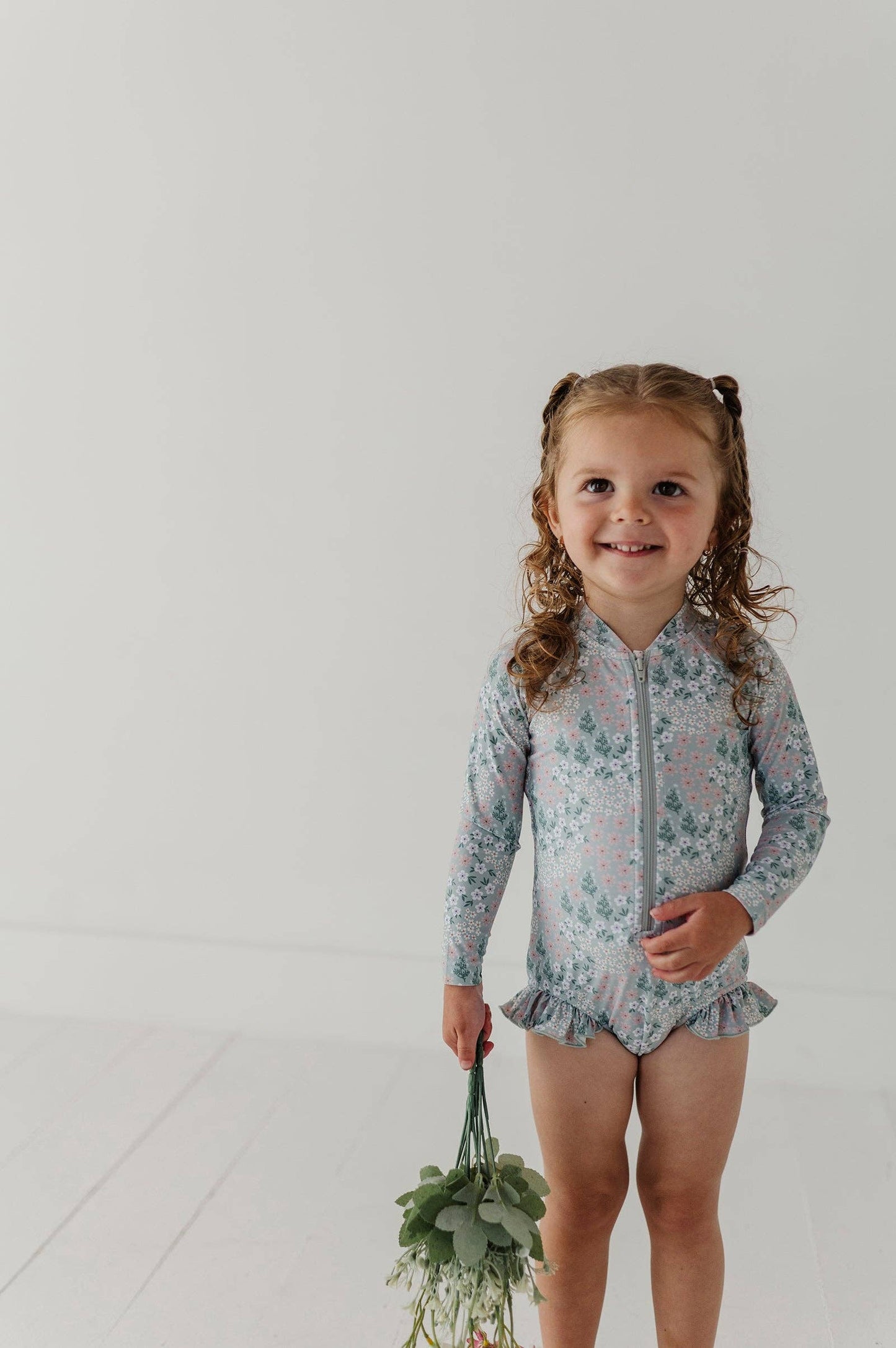 Aqua Grey Floral One-Piece Ruffle Rash Guard Swimsuit