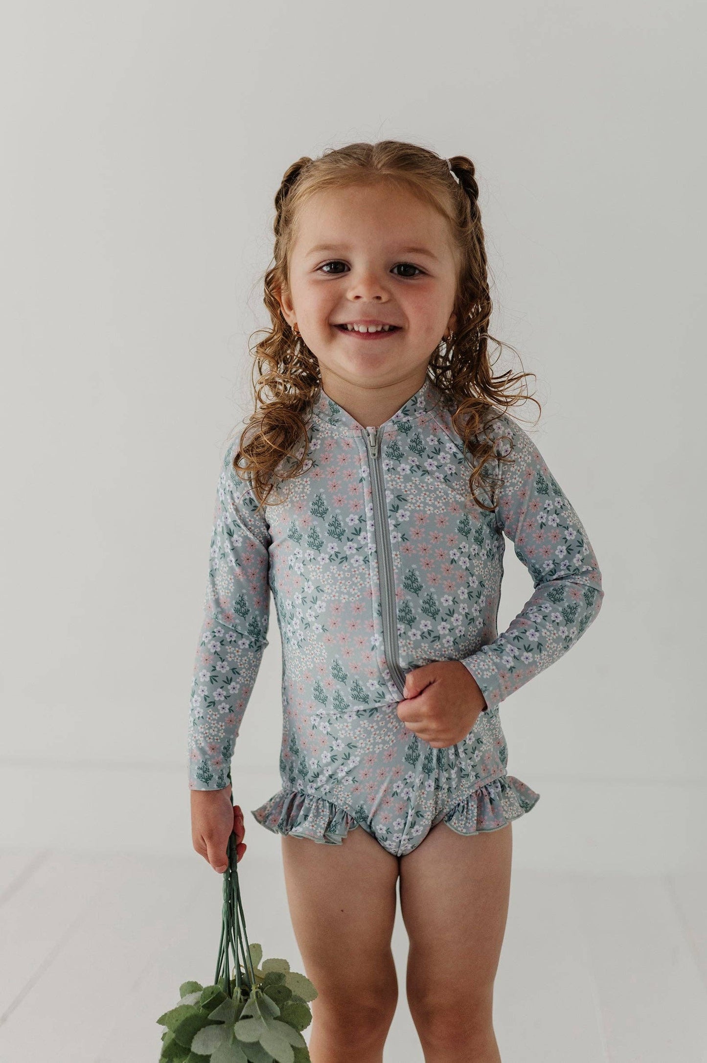 Aqua Grey Floral One-Piece Ruffle Rash Guard Swimsuit