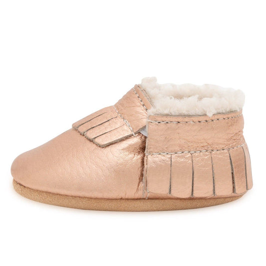 Rose Gold Leather Sherpa Baby Moccasins