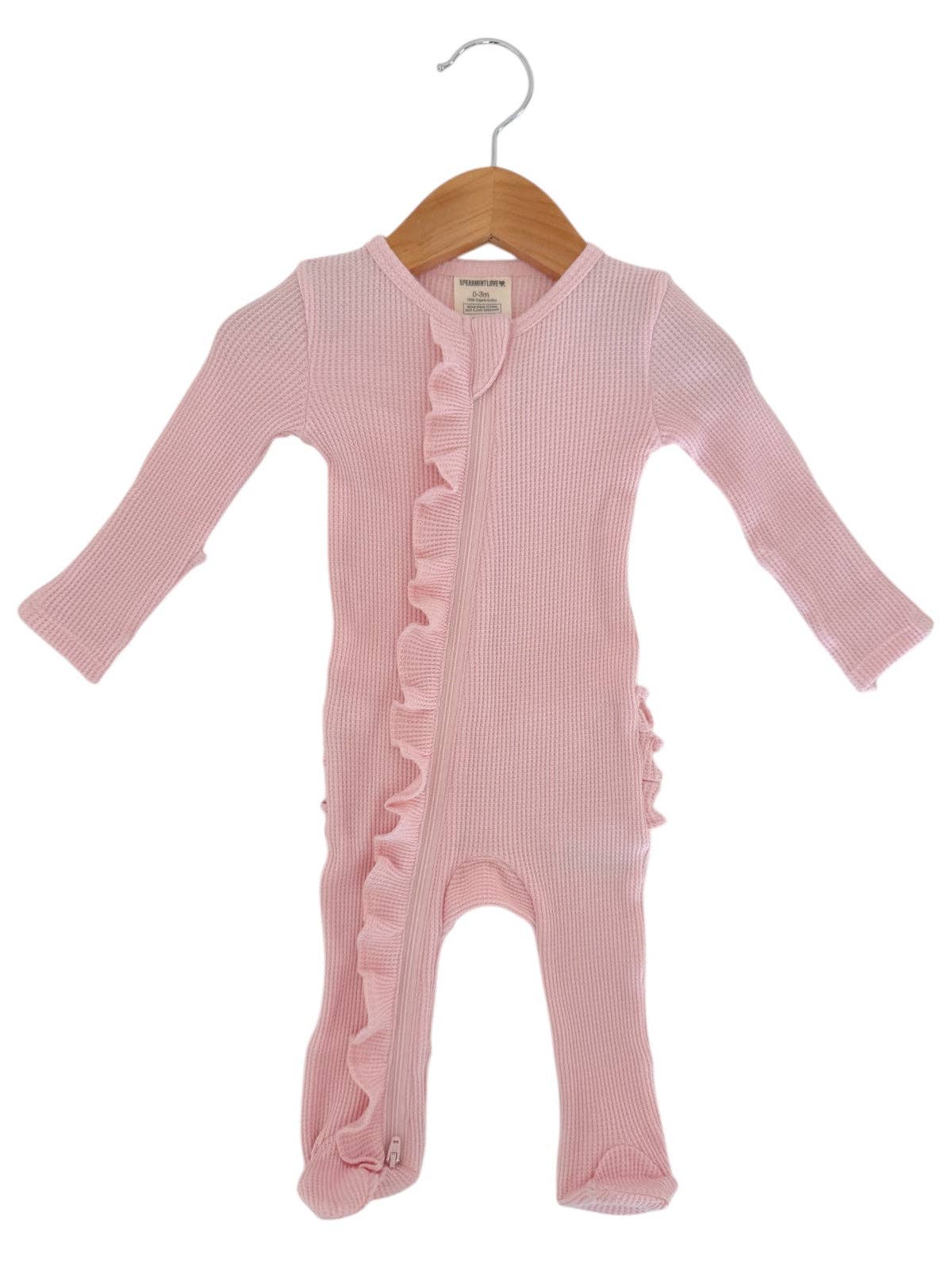 Organic Waffle 2-Way Zip Ruffle Footie - Blush