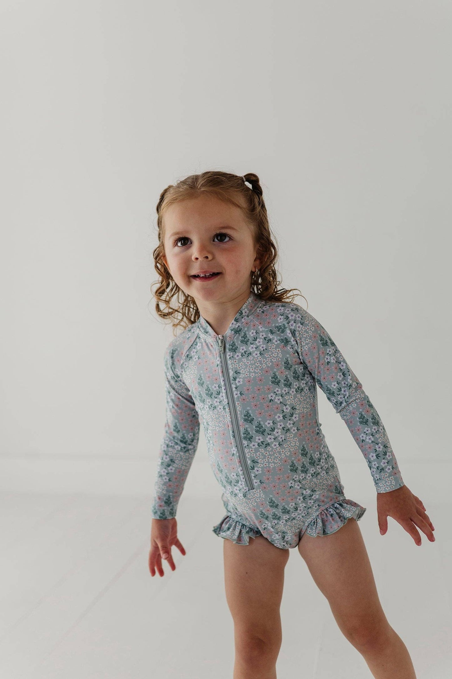 Aqua Grey Floral One-Piece Ruffle Rash Guard Swimsuit