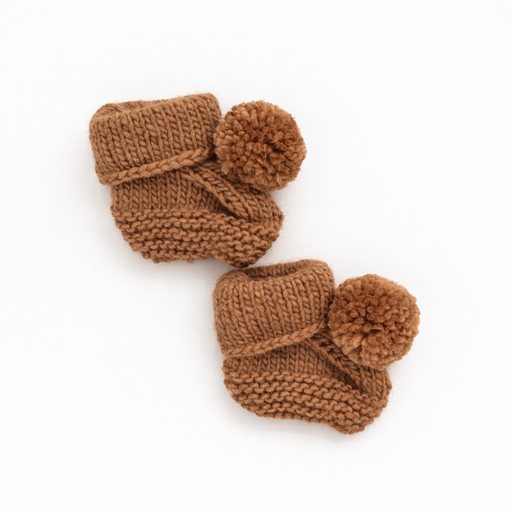 Pecan Pom Pom Knitted Booties