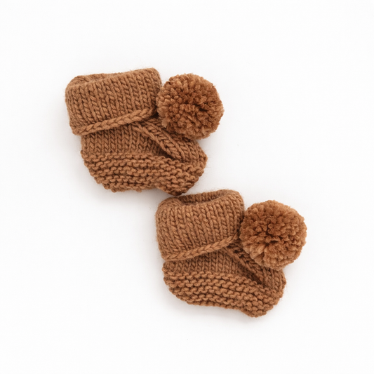 Pecan Pom Pom Knitted Booties