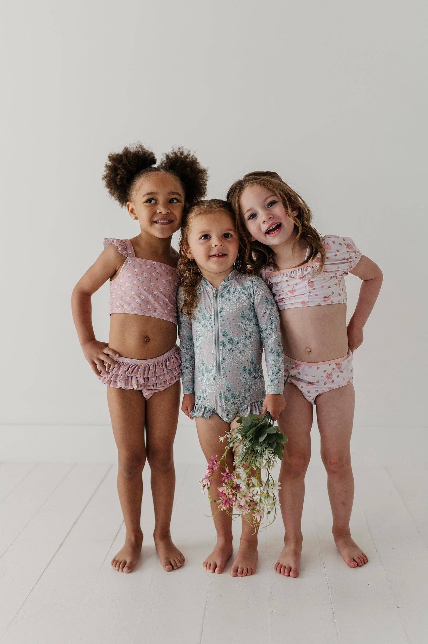 Aqua Grey Floral One-Piece Ruffle Rash Guard Swimsuit