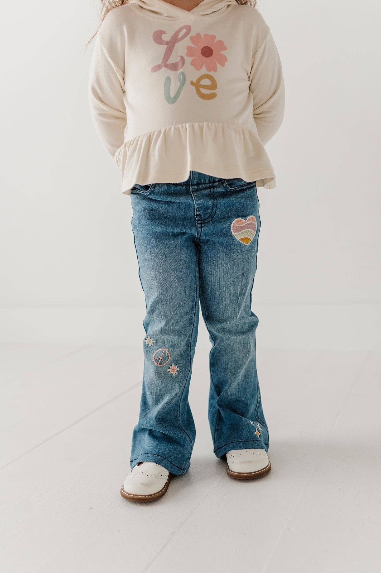 Mid Blue Wash Patch Denim Flare Jeans