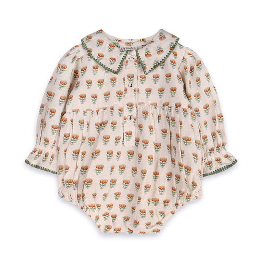 Nira Block Print Floral Baby Romper (Linen Blend)