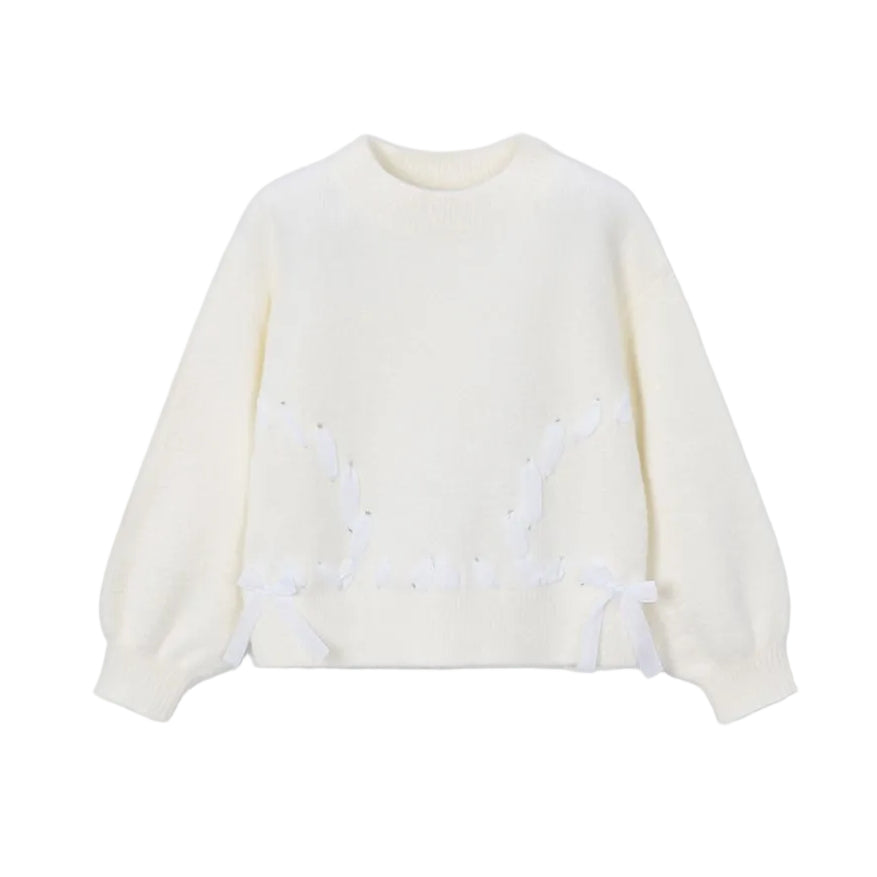 Fuzzy Sweater w/ Bows- Natural