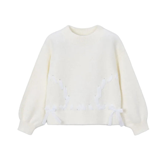 Fuzzy Sweater w/ Bows- Natural