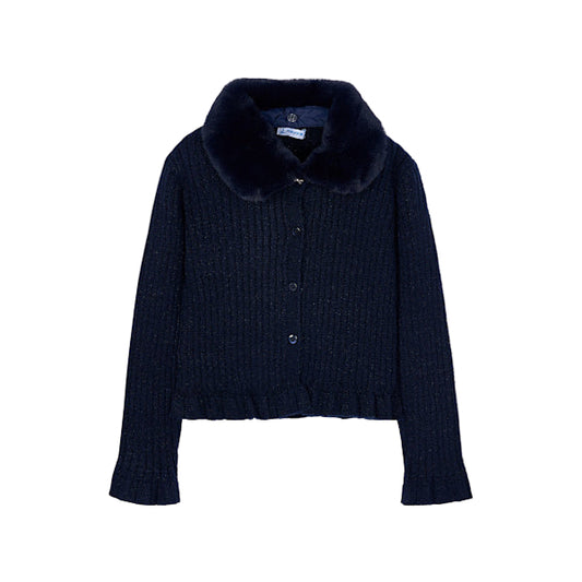 Navy Faux fur collar cardigan
