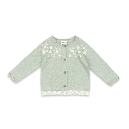 Floral Embroidered Cardigan with Lace Trim: Sage Heather