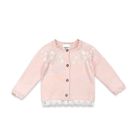 Floral Embroidered Cardigan with Lace Trim: Blush Pink