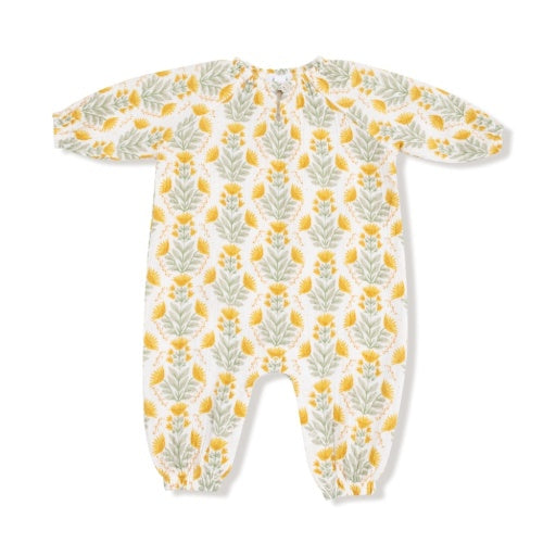 Peasant Romper W/ Elastic Neck + Button - Winter Dandelions