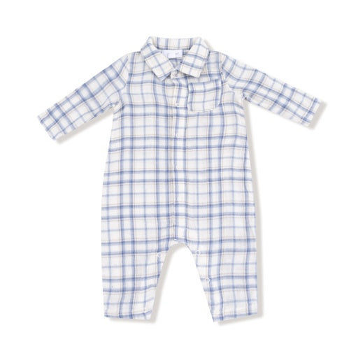 Long Sleeve Polo Romper W/ Pocket - Blue Plaid