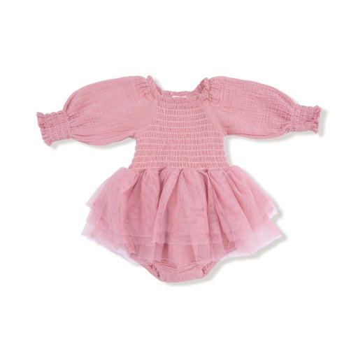 Long Sleeve Muslin Smocked Bubble W/ Tutu - Solid Rose Elegance