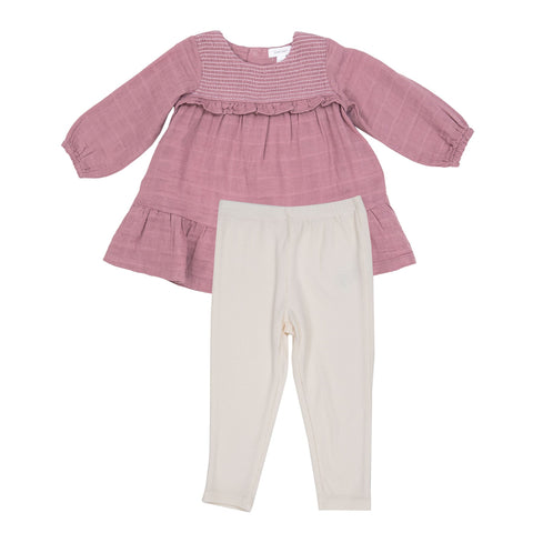 Fox Glove Solid Smocked Ruffle Dress And Rib Legging: Fox Flove