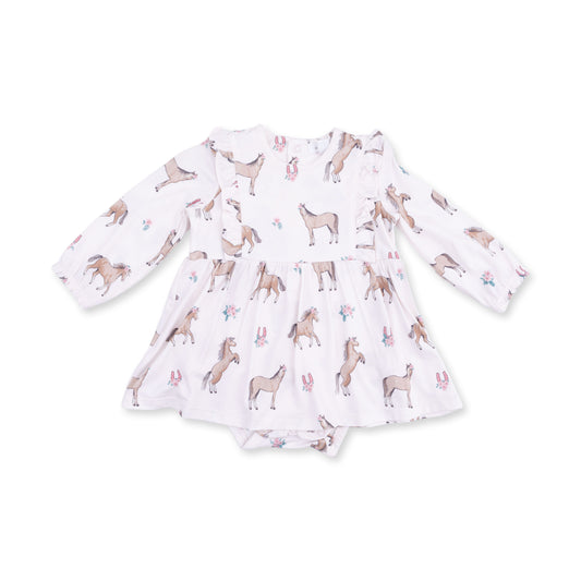 I Love Horses - Long Sleeve Ruffle Bodysuit Dress