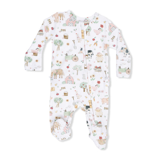 Cute Farm Animals Pink 2 Way Ruffle Back Zipper Footie