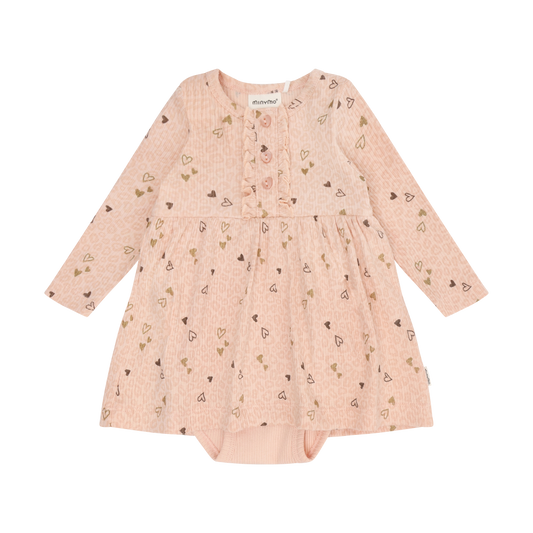 Cameo Rose Hearts Long Sleeve Rib Onesie Dress