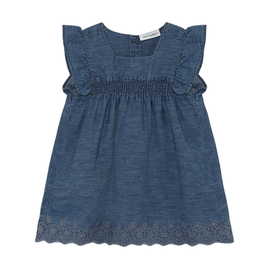 Faded Chambray Scallop Embroidered Dress