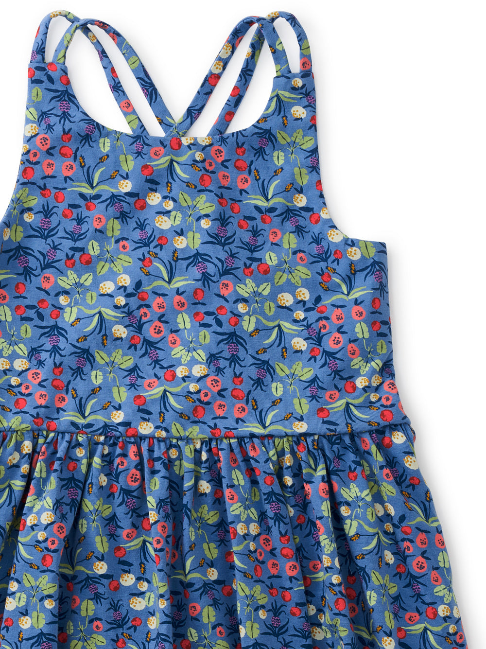 Strappy Back Skirted Dress: Island Fruit in Blue
