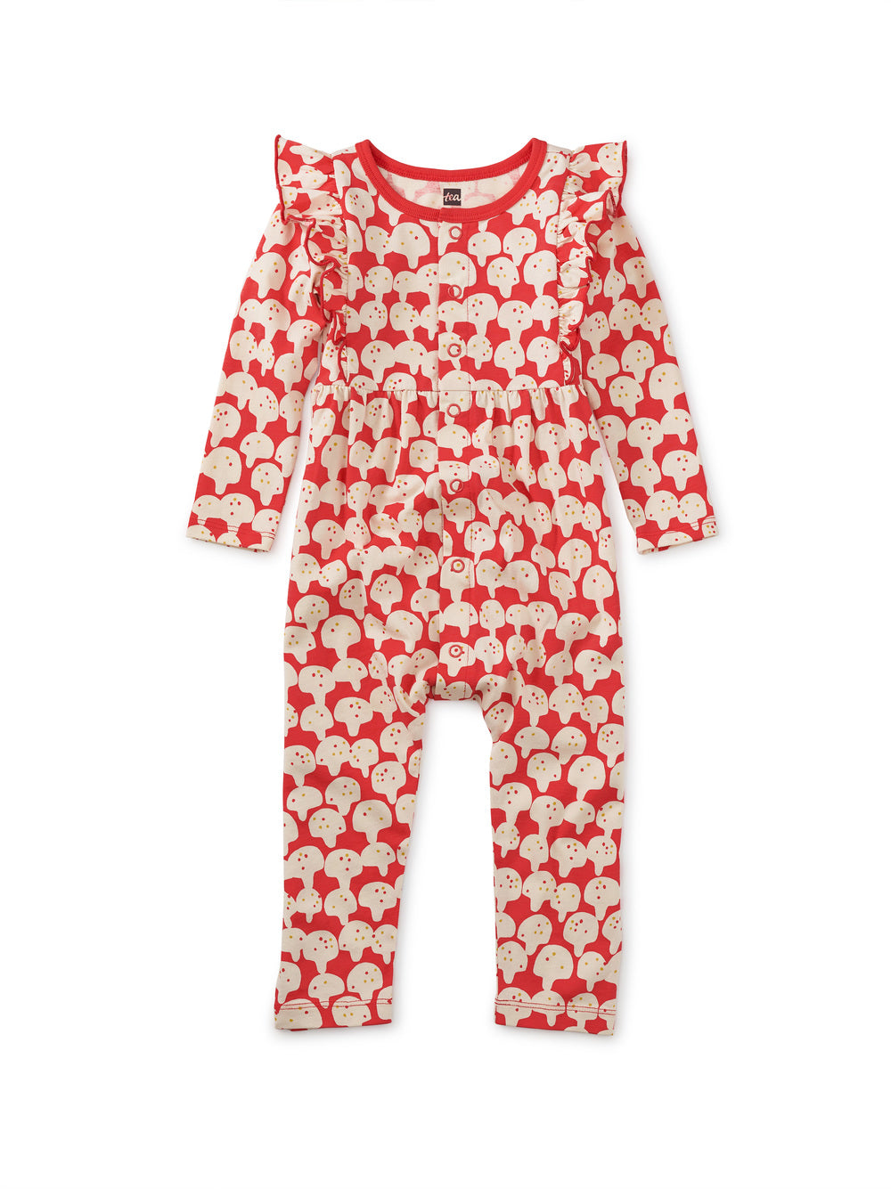 Snap Front Ruffle Baby Romper: Spotted Mushrooms