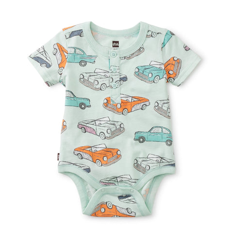 Henley Baby Bodysuit: Cuban Cars in Green