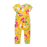Tulip Sleeve Baby Romper: Painterly Hibiscus in Yellow
